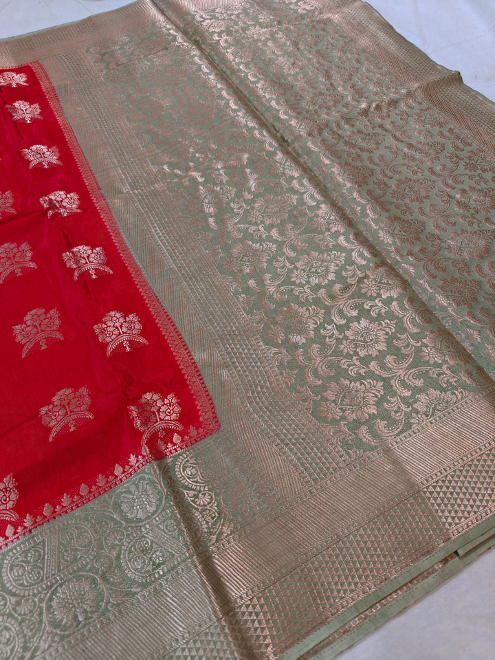 BRIGHT RED RUSSIAN SILK WITH LIME GREEN BORDER