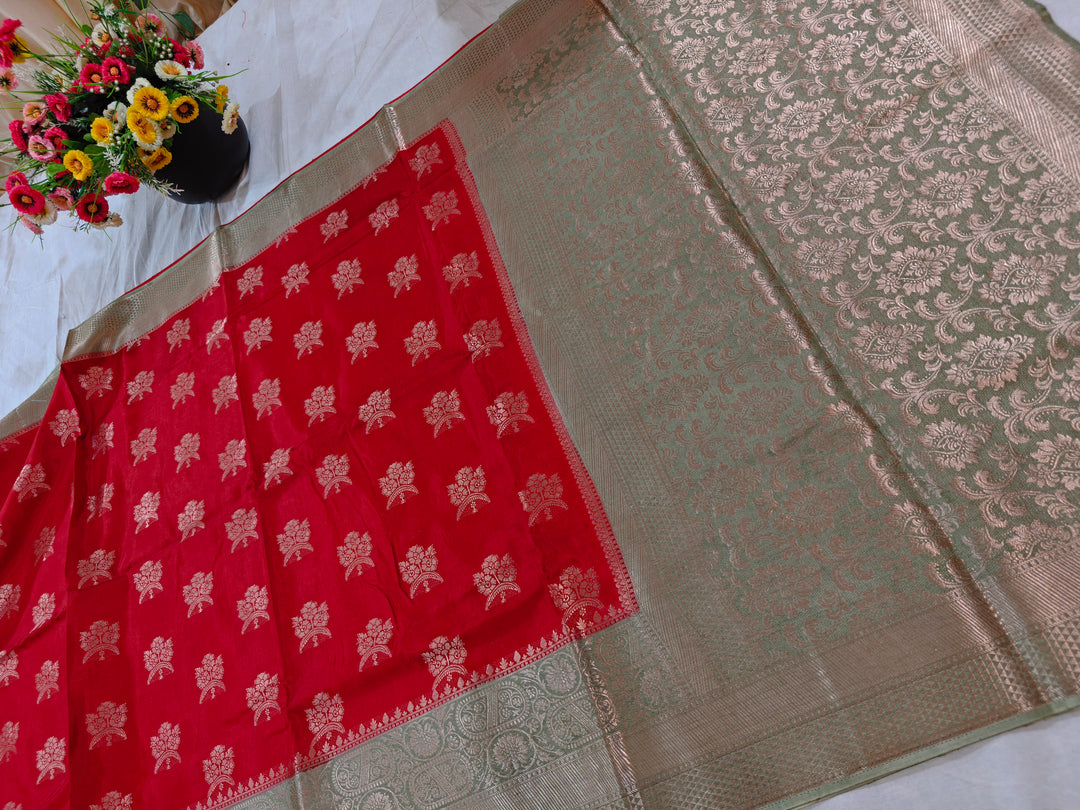 BRIGHT RED RUSSIAN SILK WITH LIME GREEN BORDER