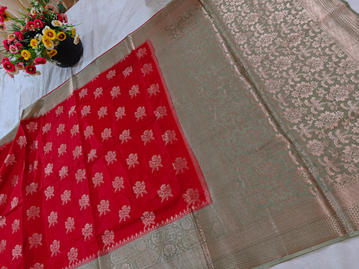 BRIGHT RED RUSSIAN SILK WITH LIME GREEN BORDER