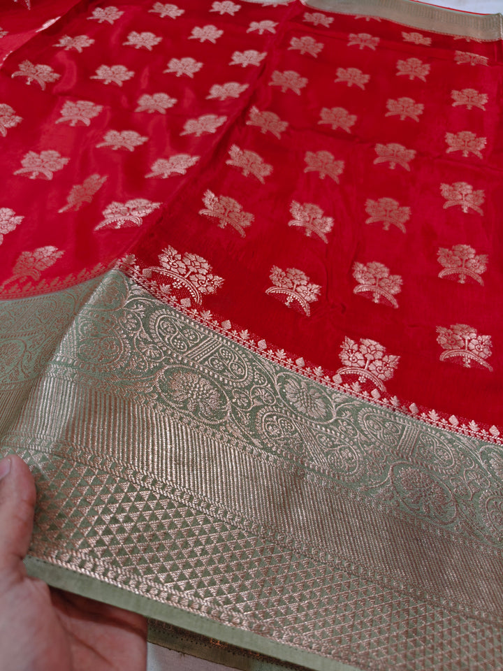 BRIGHT RED RUSSIAN SILK WITH LIME GREEN BORDER