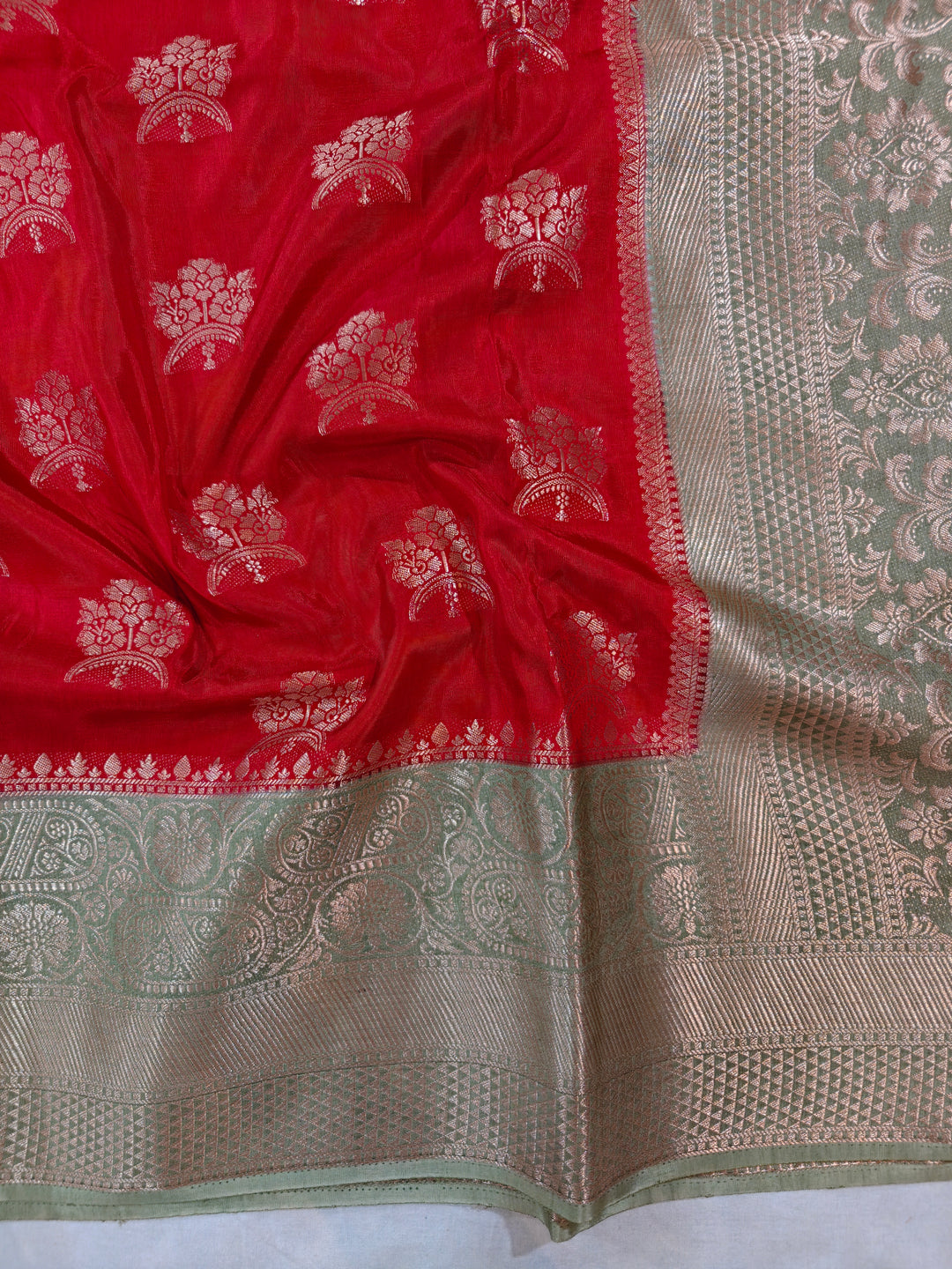 BRIGHT RED RUSSIAN SILK WITH LIME GREEN BORDER
