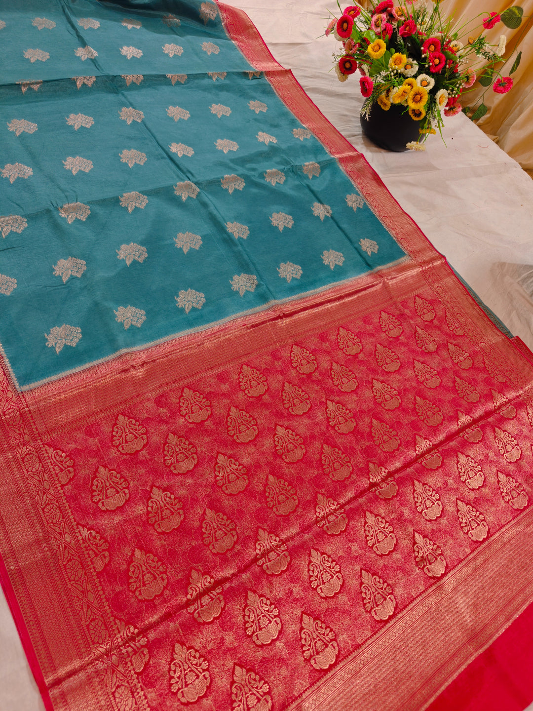 TORQOUISE BLUE RUSSIAN SILK WITH RED BORDER