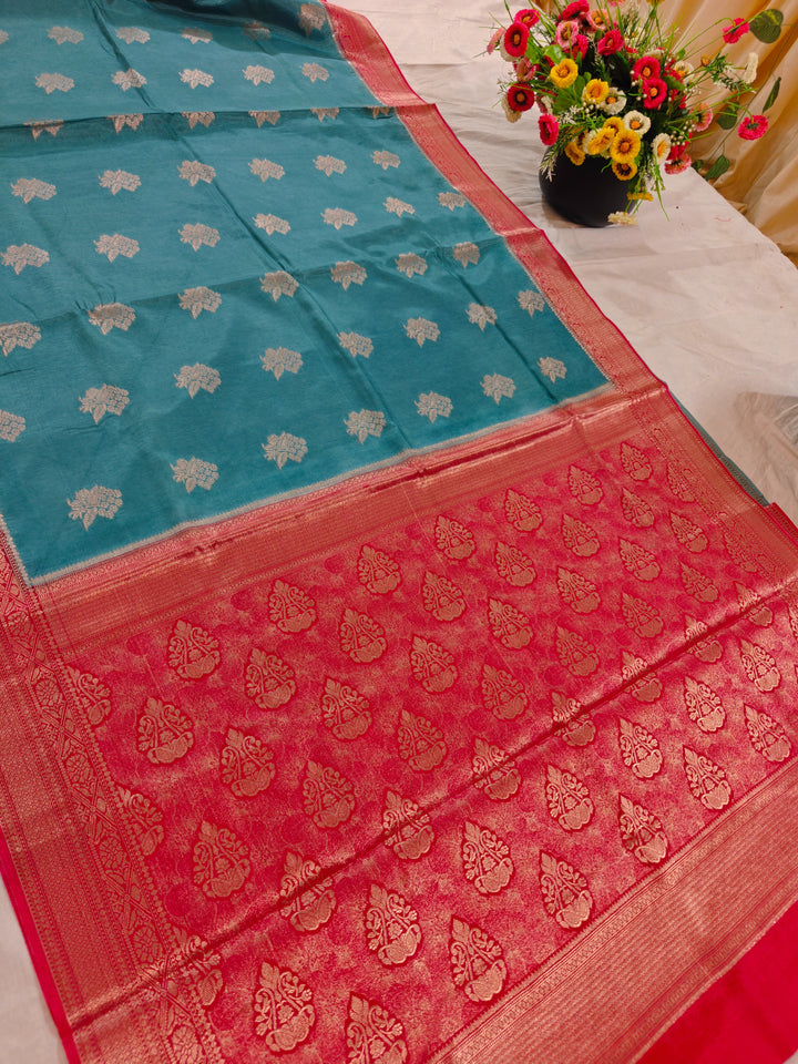 TORQOUISE BLUE RUSSIAN SILK WITH RED BORDER