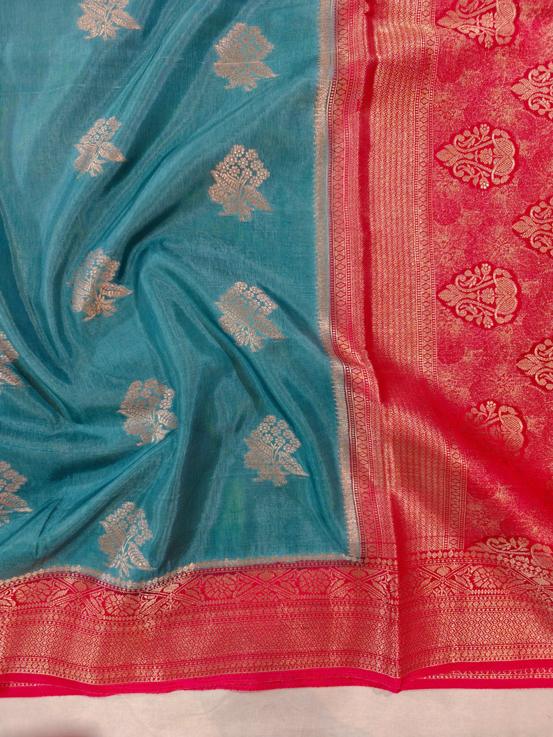 TORQOUISE BLUE RUSSIAN SILK WITH RED BORDER