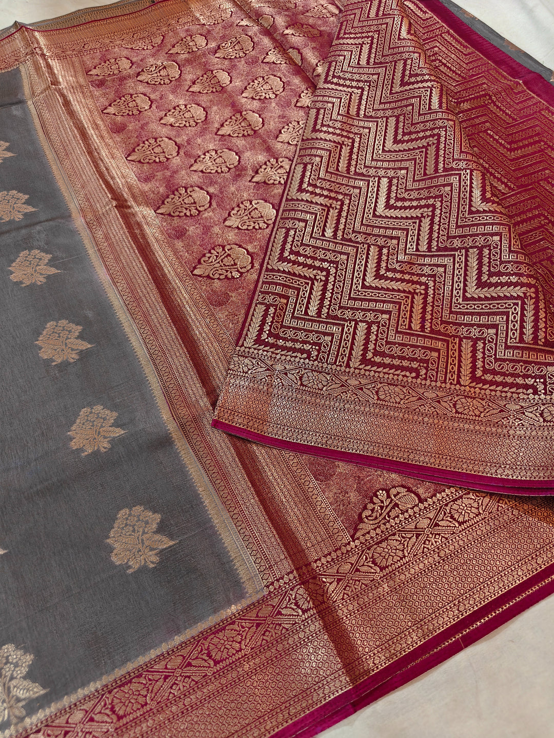 SMOKE GREY RUSSIAN SILK WITH MAROON BORDER