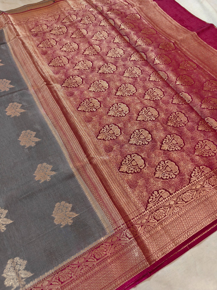 SMOKE GREY RUSSIAN SILK WITH MAROON BORDER