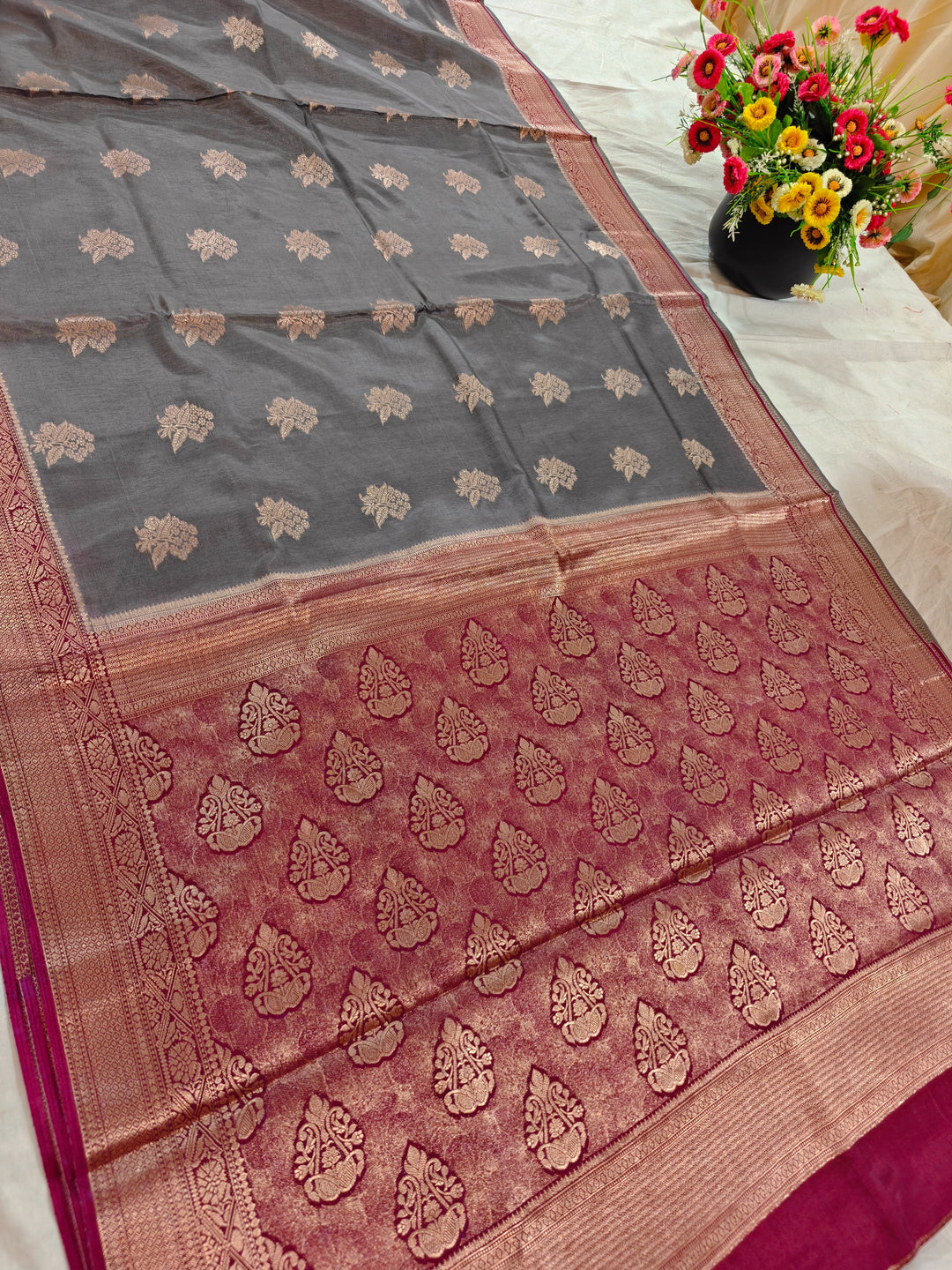 SMOKE GREY RUSSIAN SILK WITH MAROON BORDER