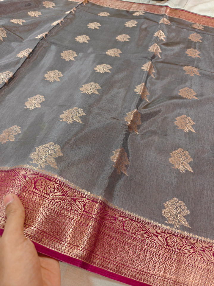 SMOKE GREY RUSSIAN SILK WITH MAROON BORDER