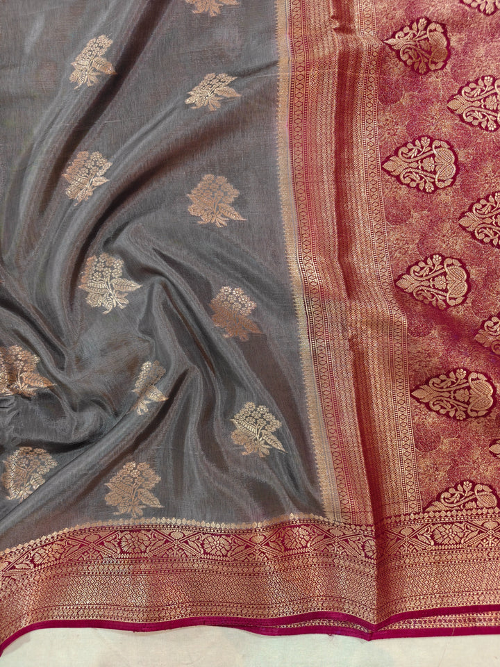 SMOKE GREY RUSSIAN SILK WITH MAROON BORDER