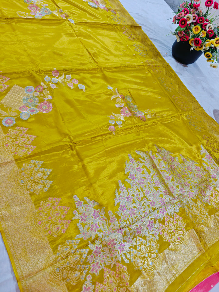 KOREAN SILK IN GOLD COLOUR WITH MULTI BOOTA