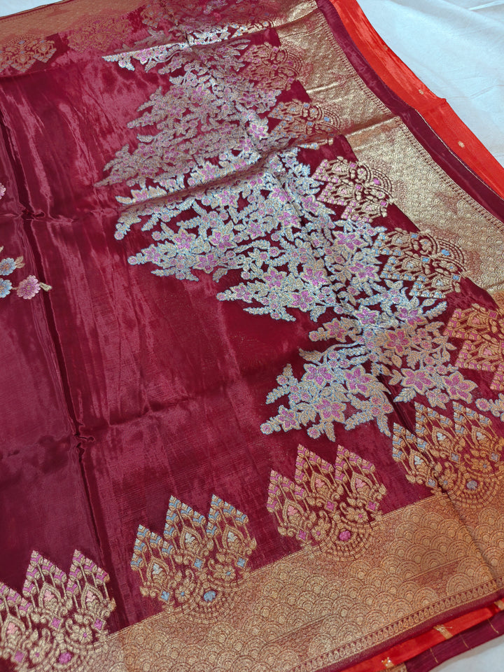 KOREAN SILK IN DEEP MAROON WITH MULTI BOOTA