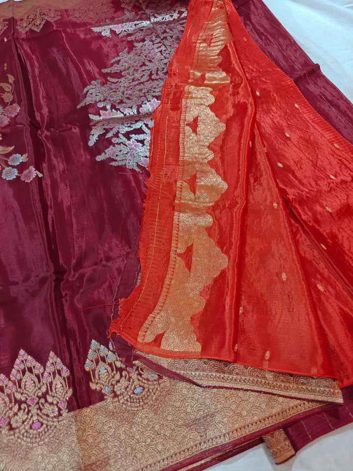 KOREAN SILK IN DEEP MAROON WITH MULTI BOOTA