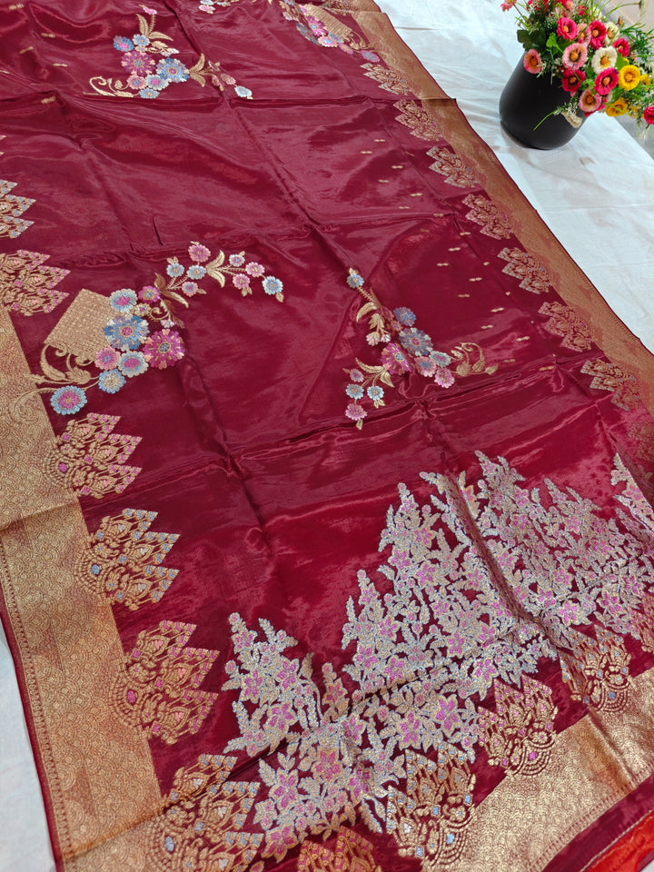 KOREAN SILK IN DEEP MAROON WITH MULTI BOOTA