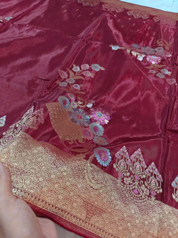 KOREAN SILK IN DEEP MAROON WITH MULTI BOOTA