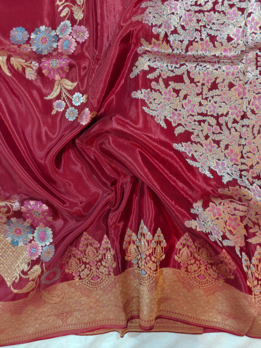 KOREAN SILK IN DEEP MAROON WITH MULTI BOOTA