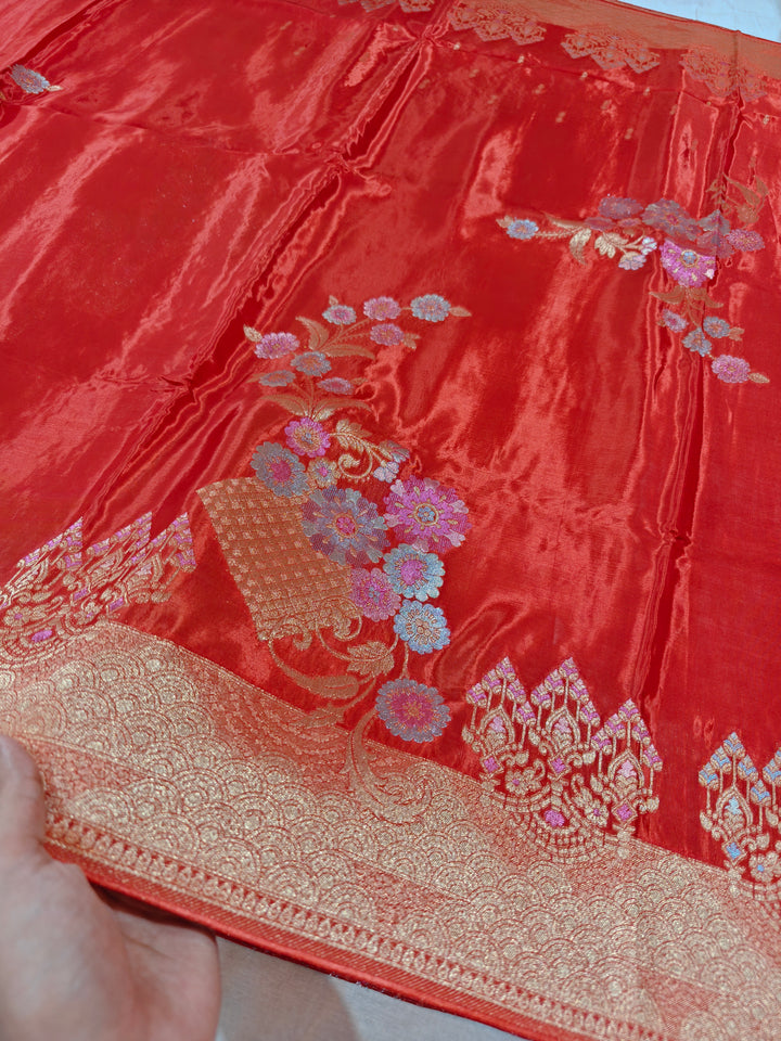 KOREAN SILK IN RED WITH MULTI BOOTA