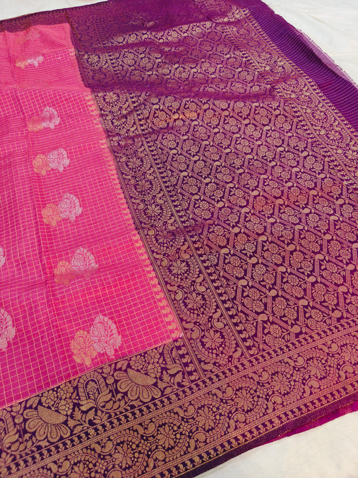 PINK CREPE GEORGETTE CHECKS WITH MAGENTA BORDER