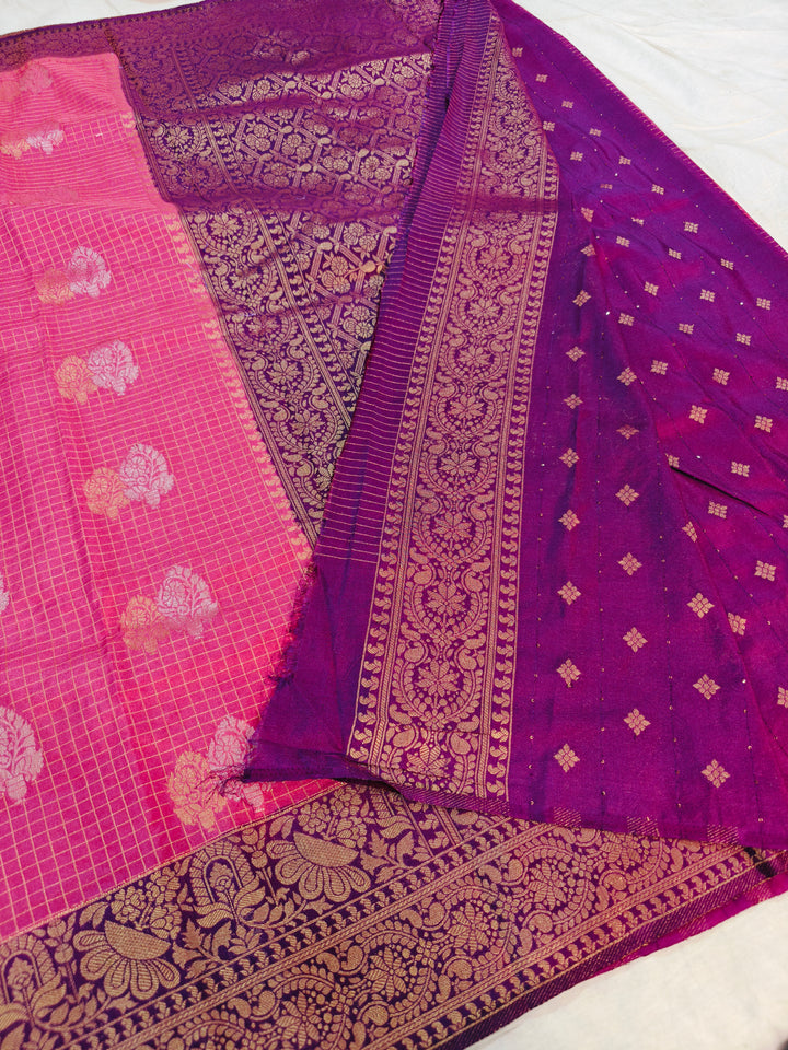 PINK CREPE GEORGETTE CHECKS WITH MAGENTA BORDER