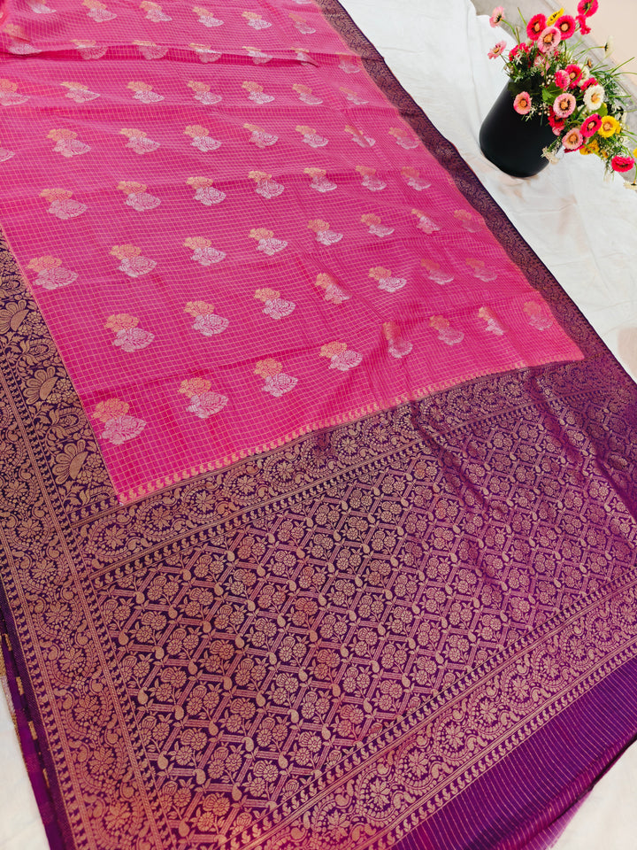 PINK CREPE GEORGETTE CHECKS WITH MAGENTA BORDER