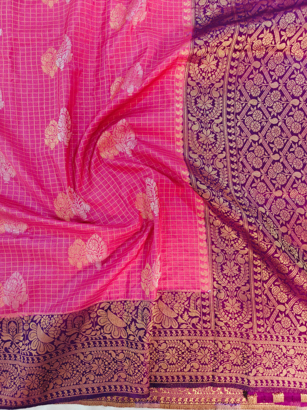 PINK CREPE GEORGETTE CHECKS WITH MAGENTA BORDER