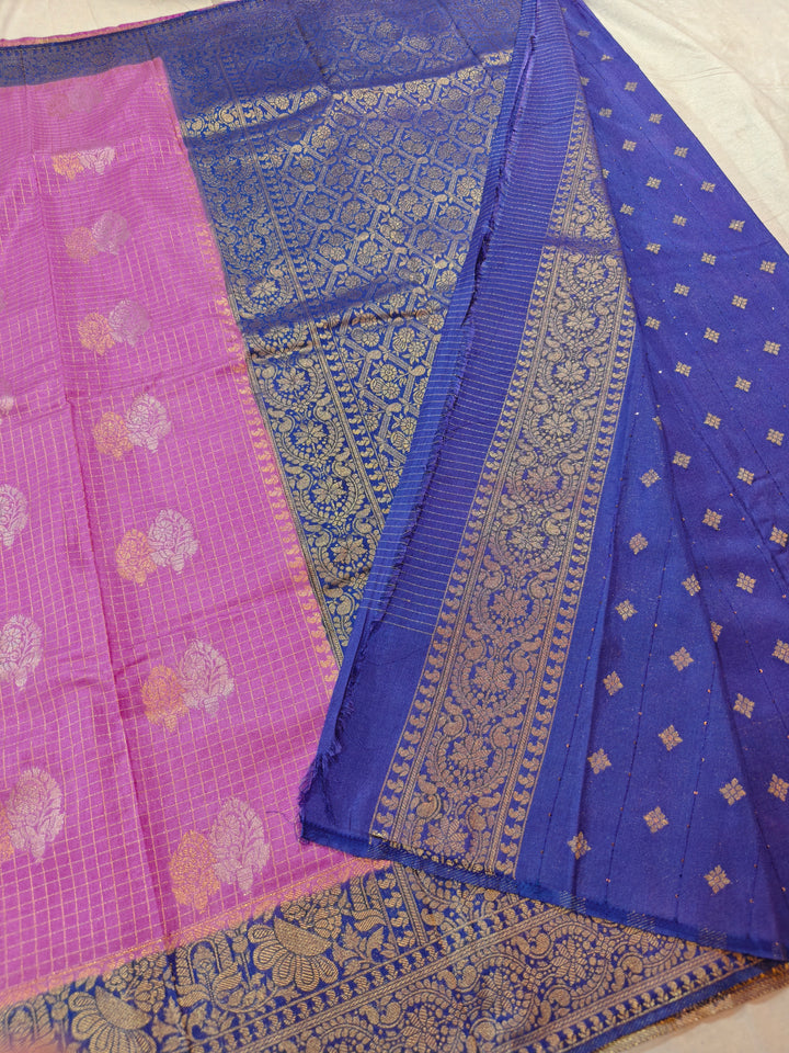 LAVENDER COLOUR CREPE GEORGETTE CHECKS WITH ROYAL BLUE BORDER