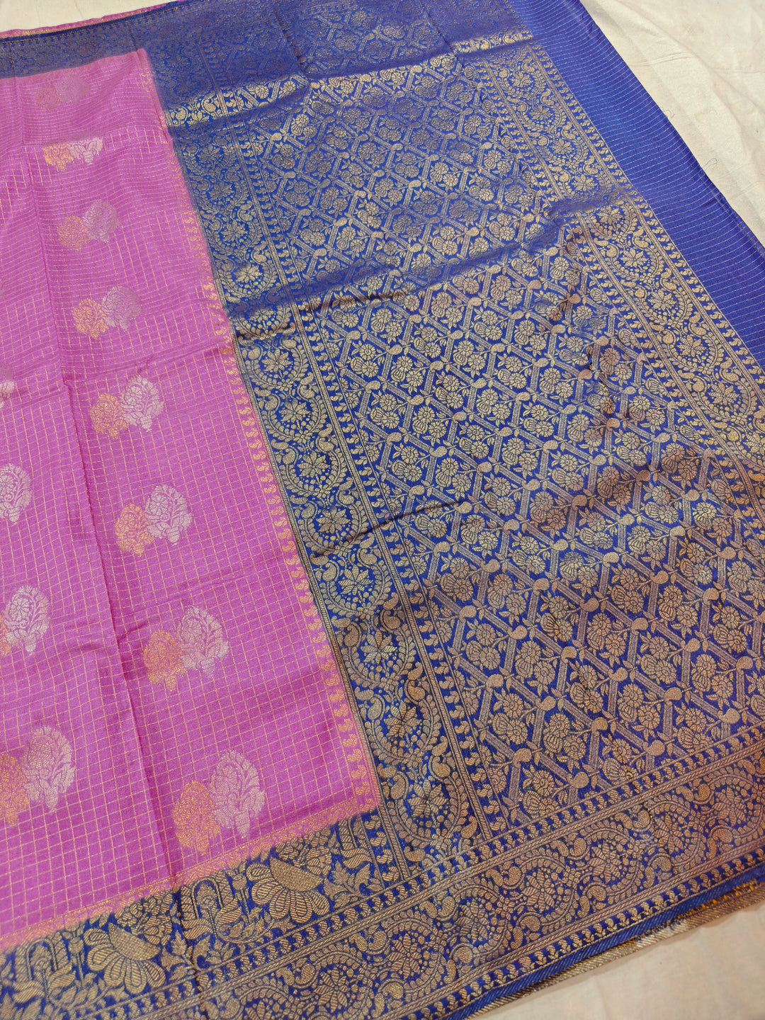 LAVENDER COLOUR CREPE GEORGETTE CHECKS WITH ROYAL BLUE BORDER