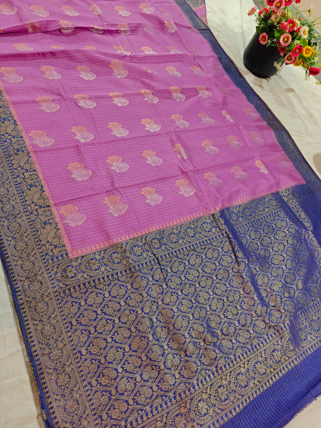 LAVENDER COLOUR CREPE GEORGETTE CHECKS WITH ROYAL BLUE BORDER