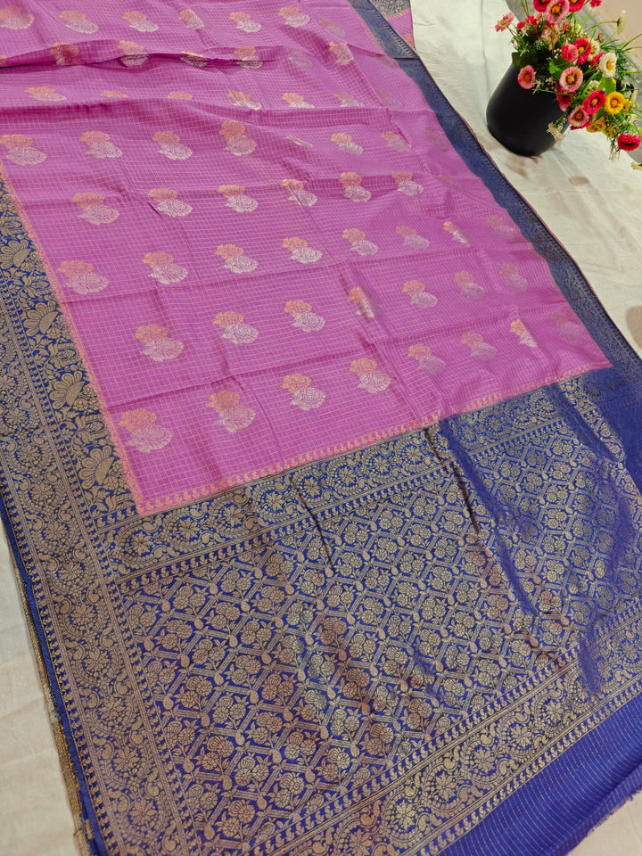 LAVENDER COLOUR CREPE GEORGETTE CHECKS WITH ROYAL BLUE BORDER
