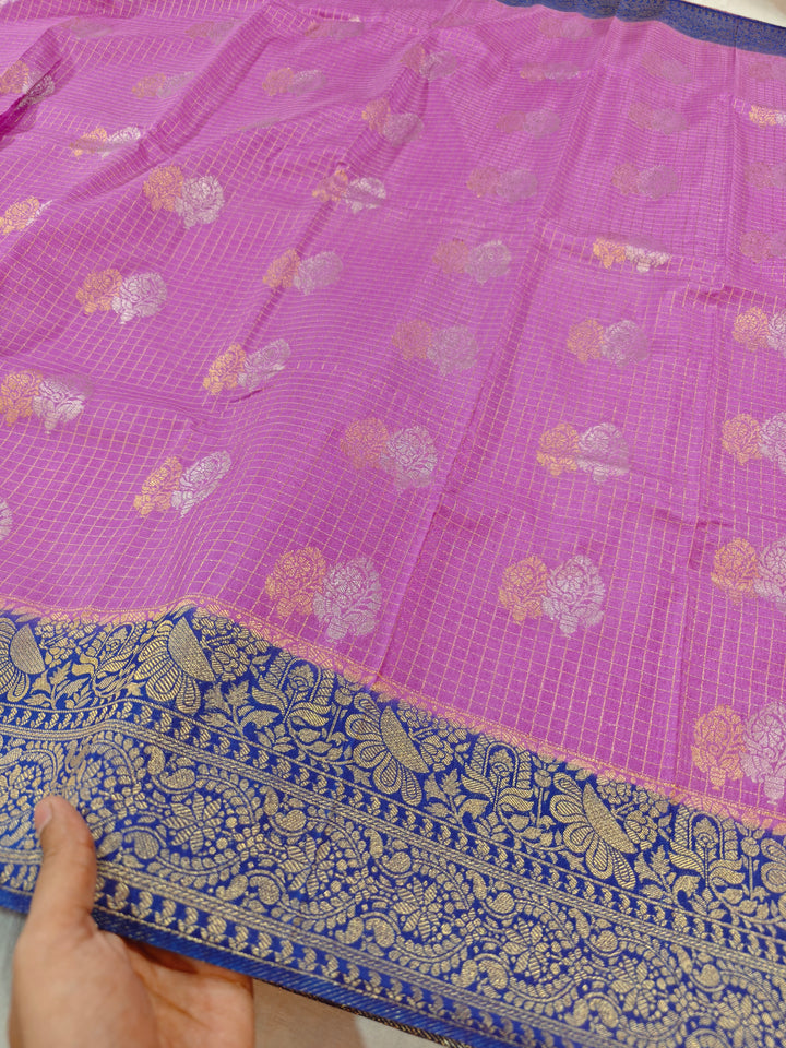LAVENDER COLOUR CREPE GEORGETTE CHECKS WITH ROYAL BLUE BORDER