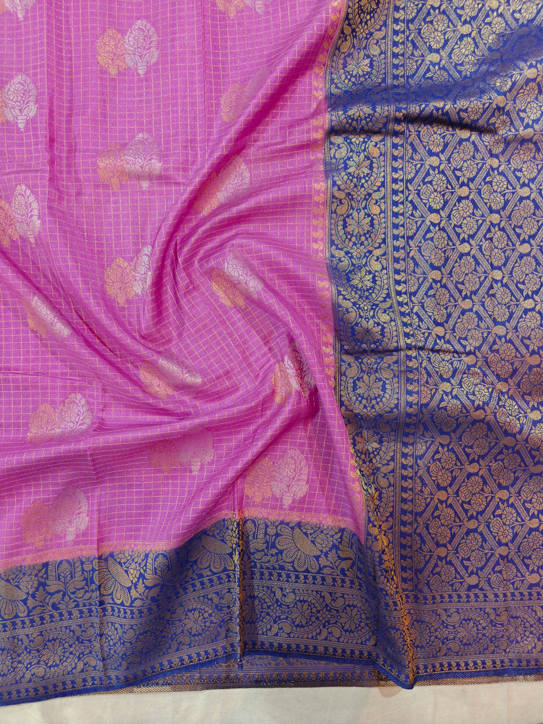 LAVENDER COLOUR CREPE GEORGETTE CHECKS WITH ROYAL BLUE BORDER
