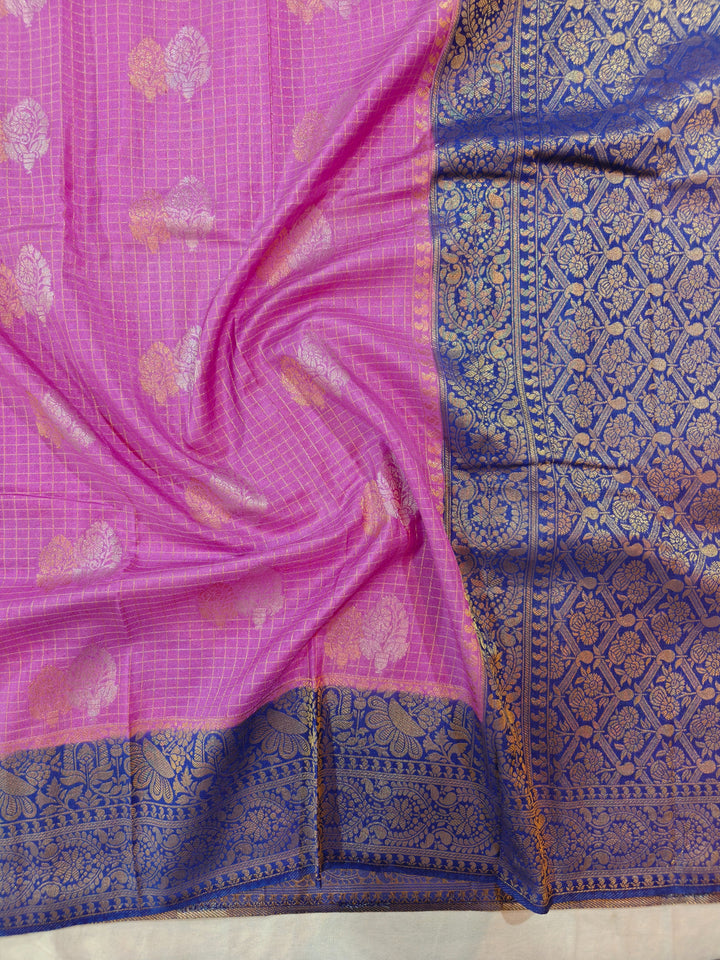 LAVENDER COLOUR CREPE GEORGETTE CHECKS WITH ROYAL BLUE BORDER