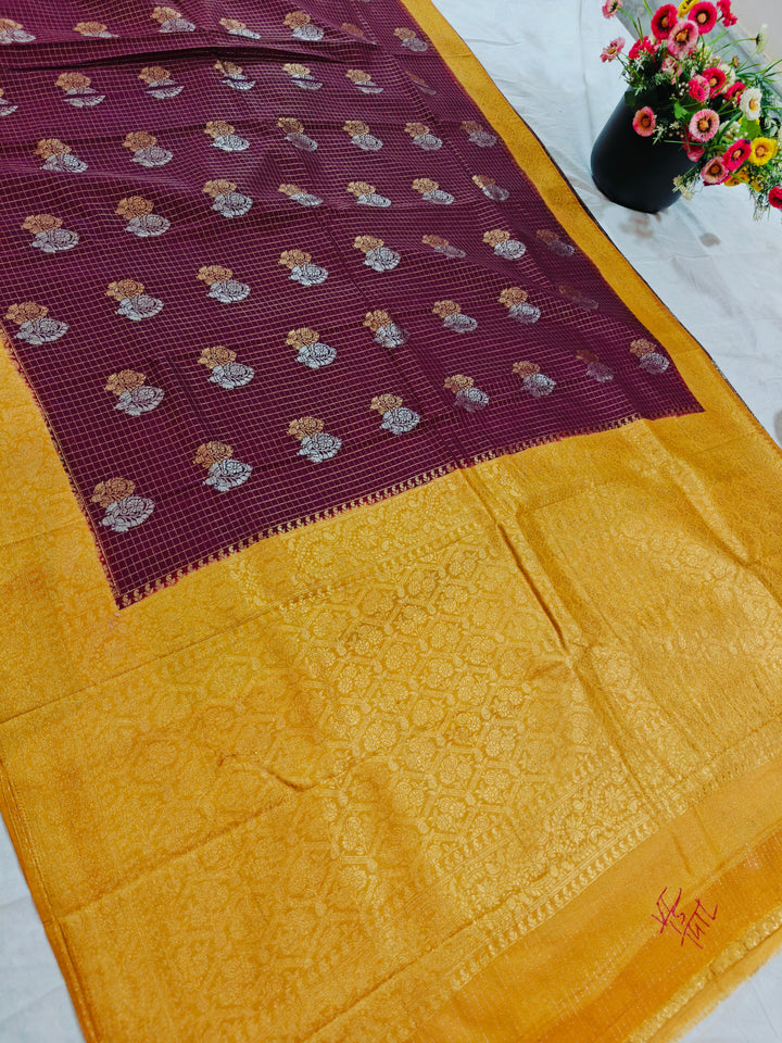CHOCOLATE COLOUR CREPE GEORGETTE CHECKS WITH GOLD BORDER