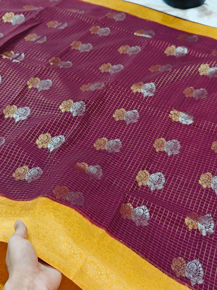 CHOCOLATE COLOUR CREPE GEORGETTE CHECKS WITH GOLD BORDER