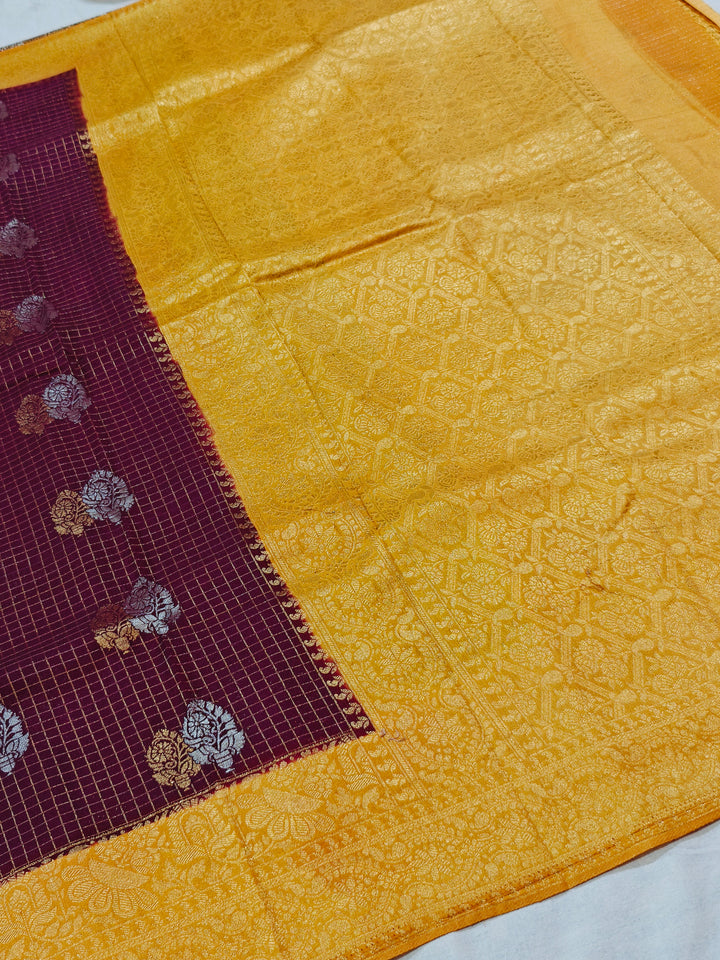 CHOCOLATE COLOUR CREPE GEORGETTE CHECKS WITH GOLD BORDER