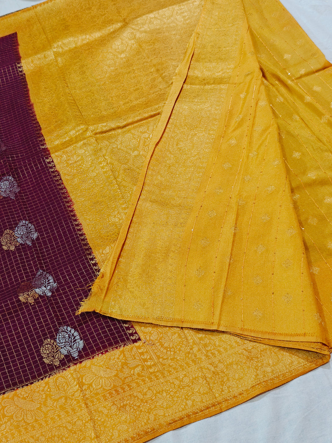 CHOCOLATE COLOUR CREPE GEORGETTE CHECKS WITH GOLD BORDER