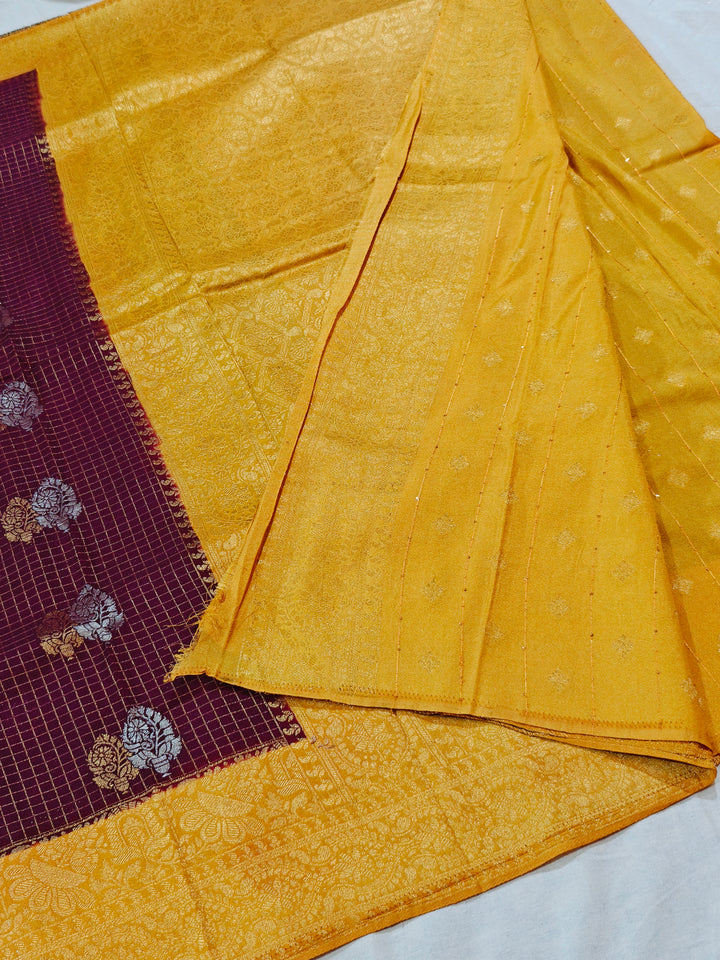 CHOCOLATE COLOUR CREPE GEORGETTE CHECKS WITH GOLD BORDER