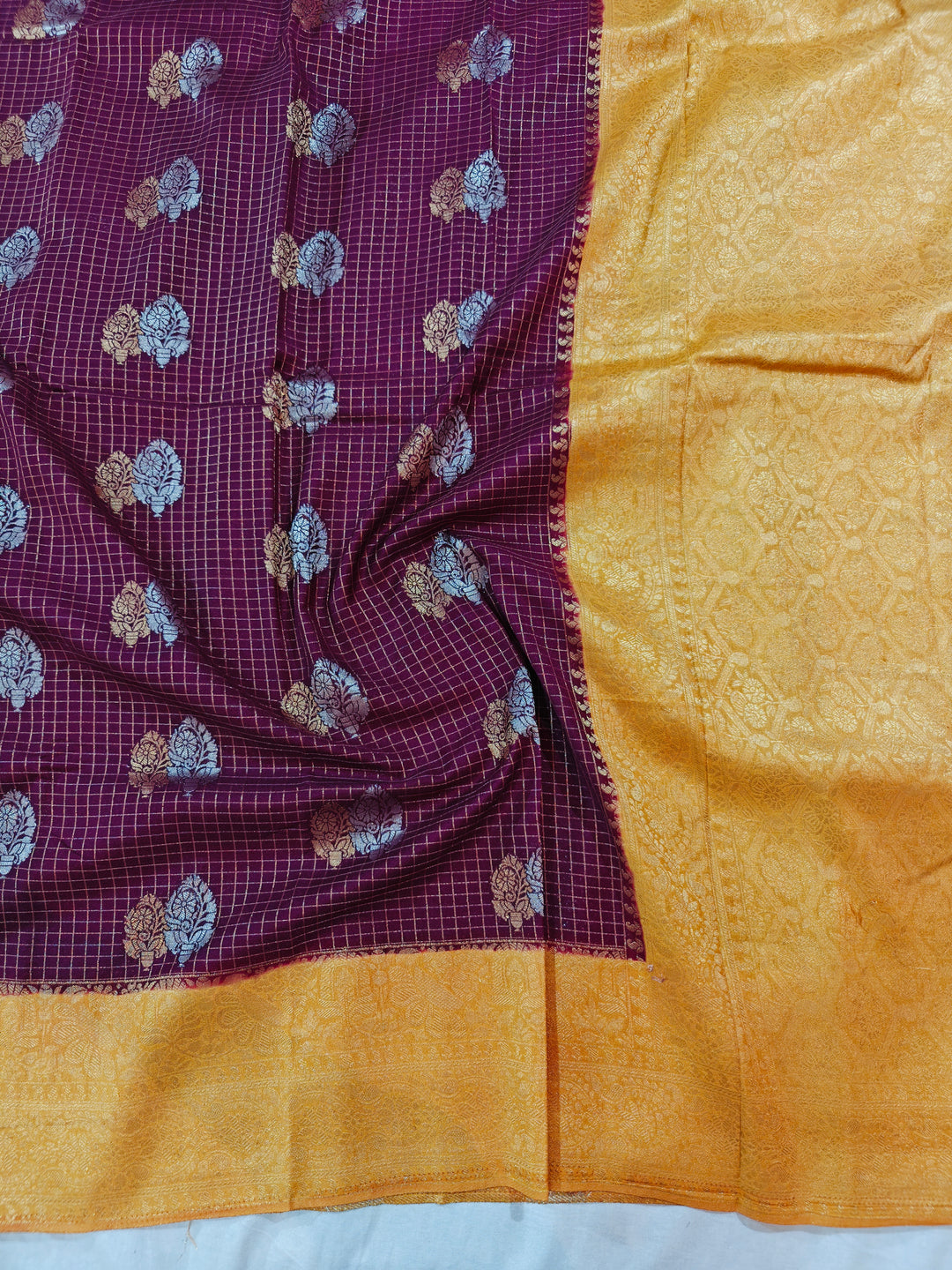CHOCOLATE COLOUR CREPE GEORGETTE CHECKS WITH GOLD BORDER