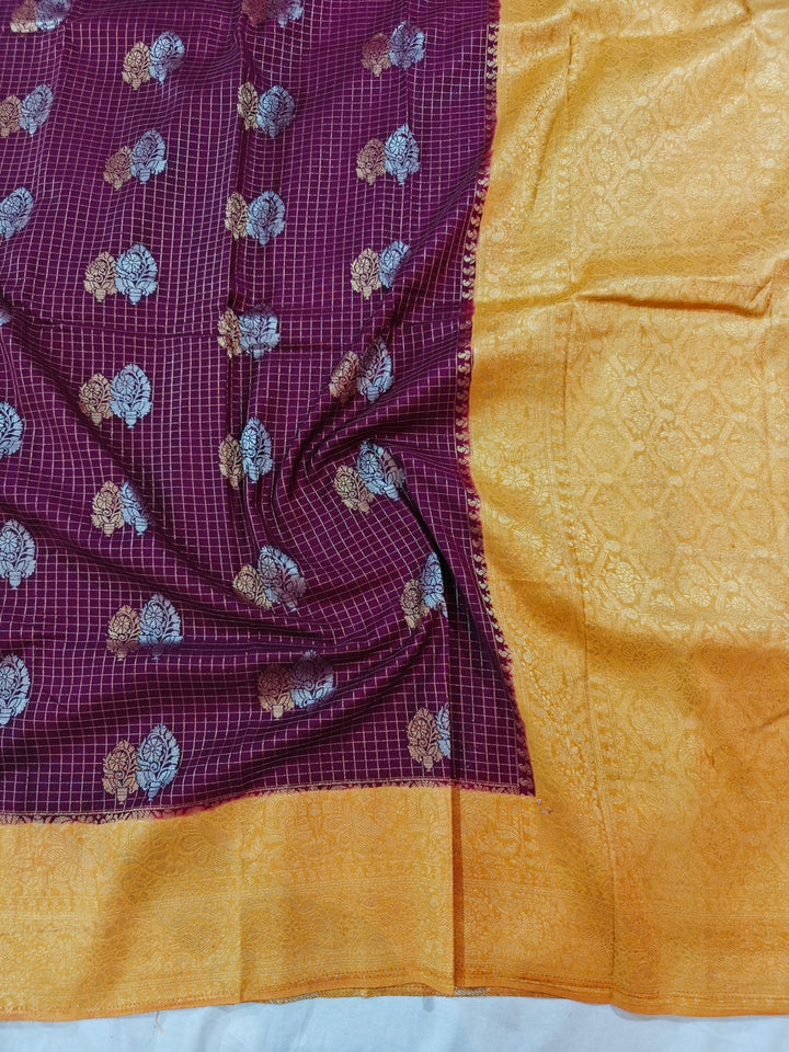 CHOCOLATE COLOUR CREPE GEORGETTE CHECKS WITH GOLD BORDER
