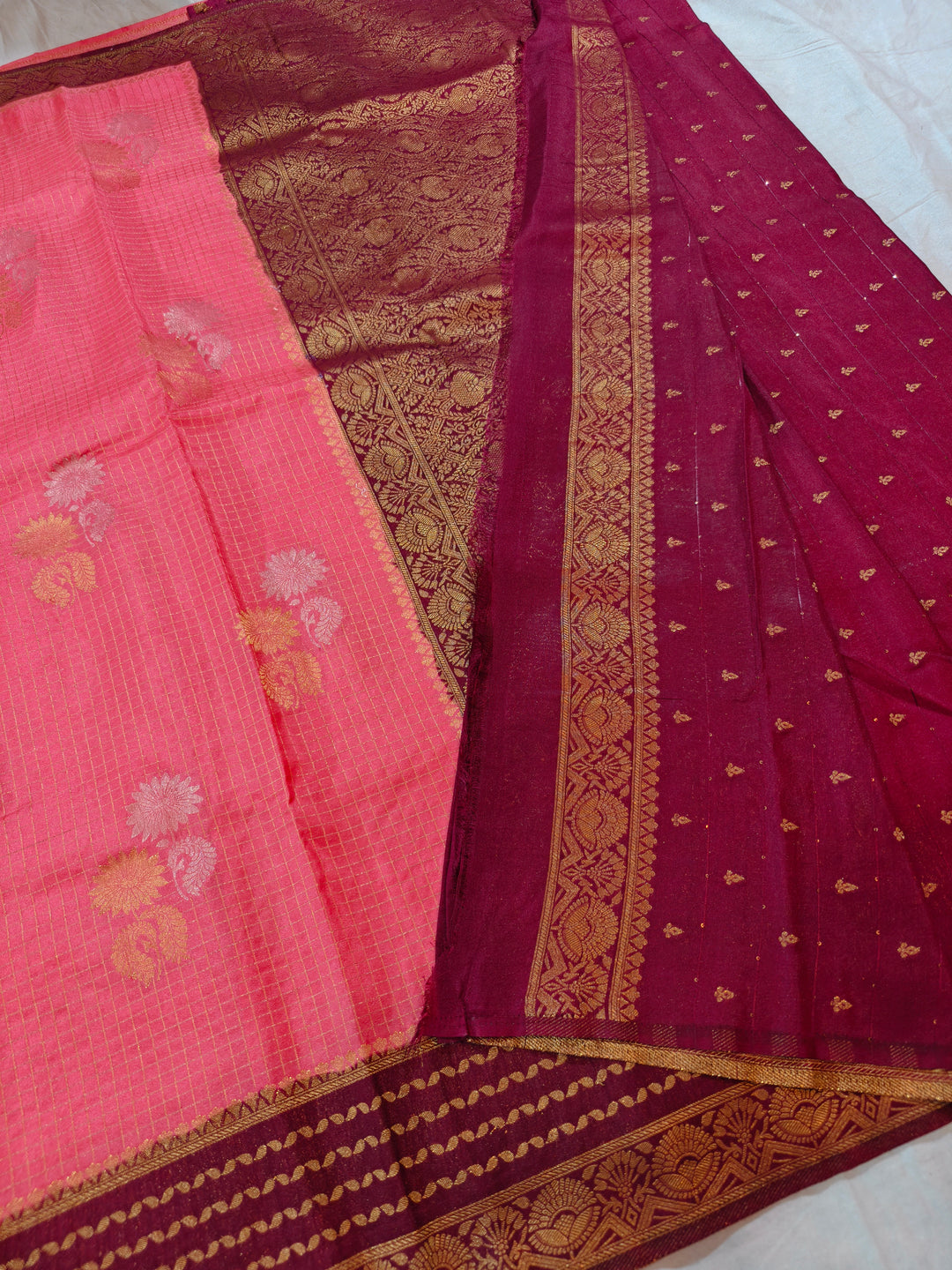 PEACH COLOUR CREPE GEORGETTE CHECKS WITH GARNET BORDER