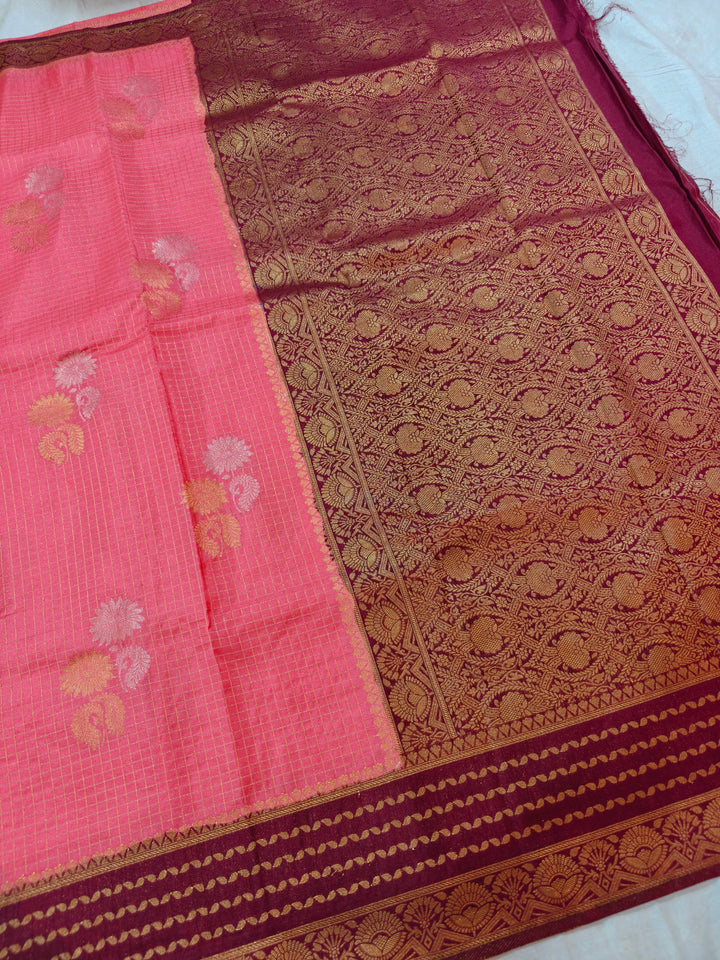 PEACH COLOUR CREPE GEORGETTE CHECKS WITH GARNET BORDER