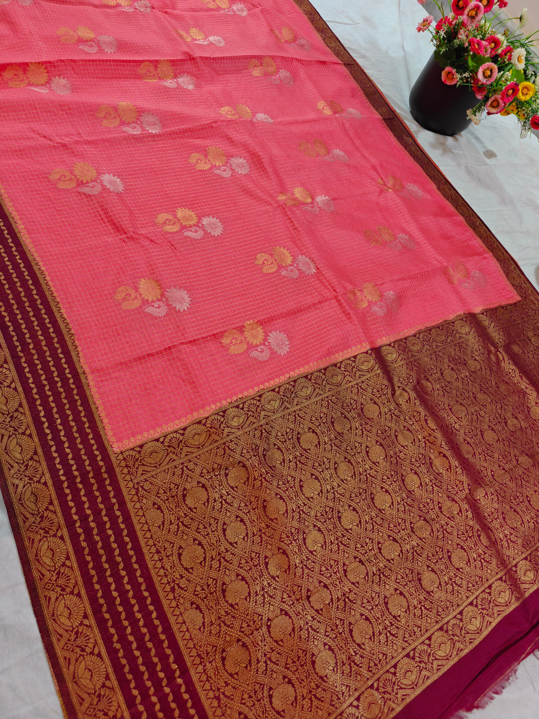 PEACH COLOUR CREPE GEORGETTE CHECKS WITH GARNET BORDER