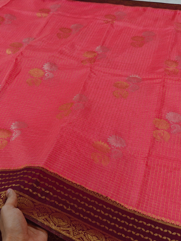 PEACH COLOUR CREPE GEORGETTE CHECKS WITH GARNET BORDER