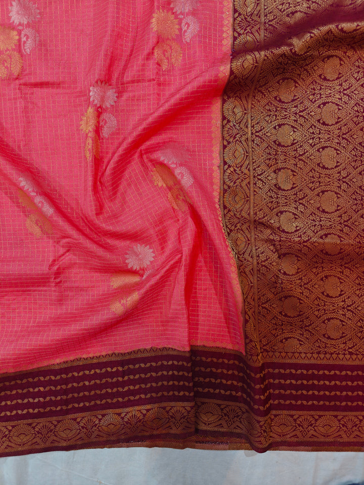 PEACH COLOUR CREPE GEORGETTE CHECKS WITH GARNET BORDER