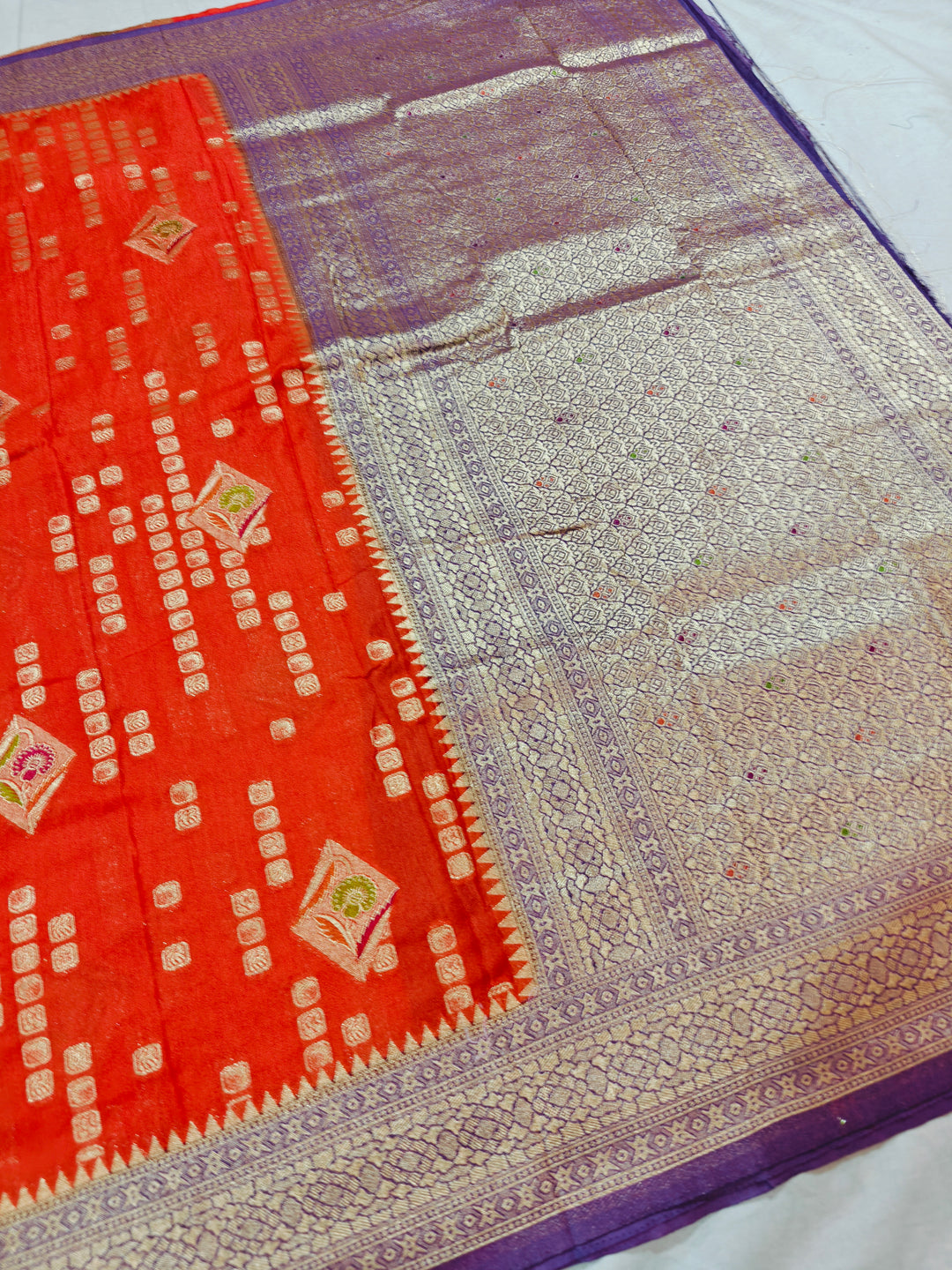 TANGY ORANGE KHADDI GEROGETTE WITH LAVENDER BORDER