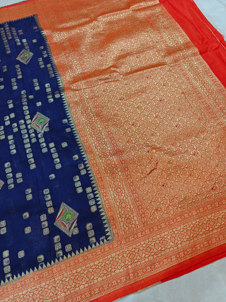 NAVY BLUE KHADDI GEORGETTE WITH RED BORDER