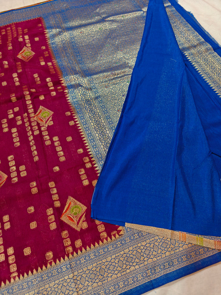 GARNET COLOUR KHADDI GEORGETTE WITH ROYAL BLUE BORDER