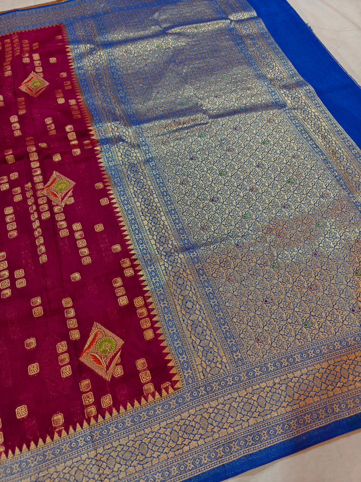 GARNET COLOUR KHADDI GEORGETTE WITH ROYAL BLUE BORDER