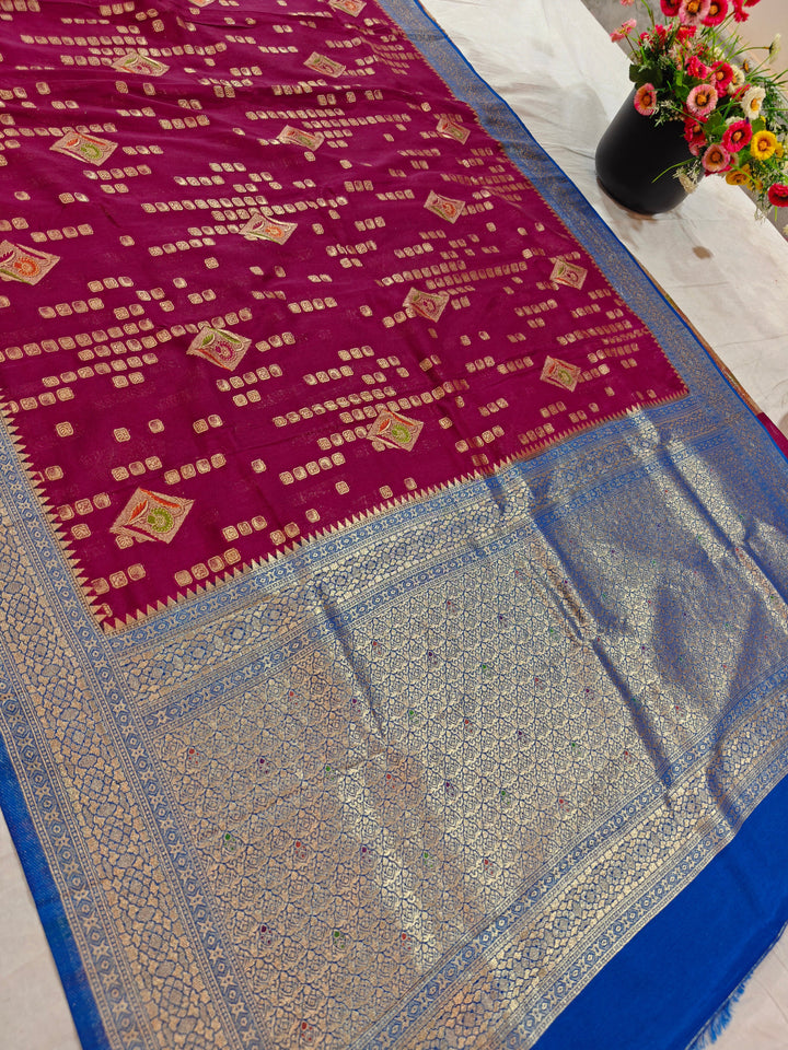 GARNET COLOUR KHADDI GEORGETTE WITH ROYAL BLUE BORDER