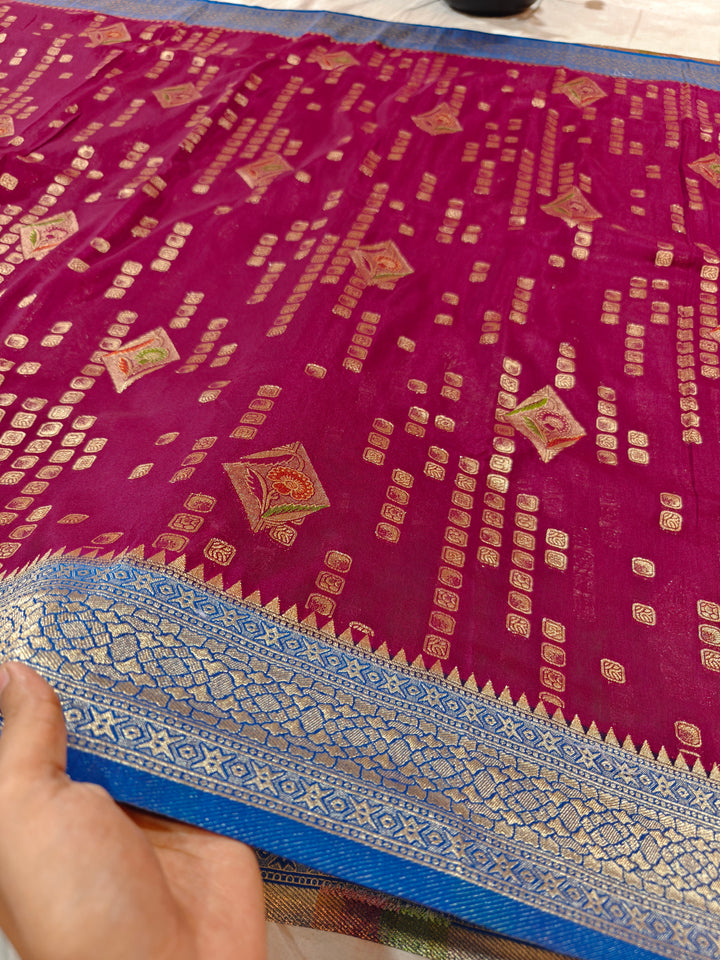 GARNET COLOUR KHADDI GEORGETTE WITH ROYAL BLUE BORDER