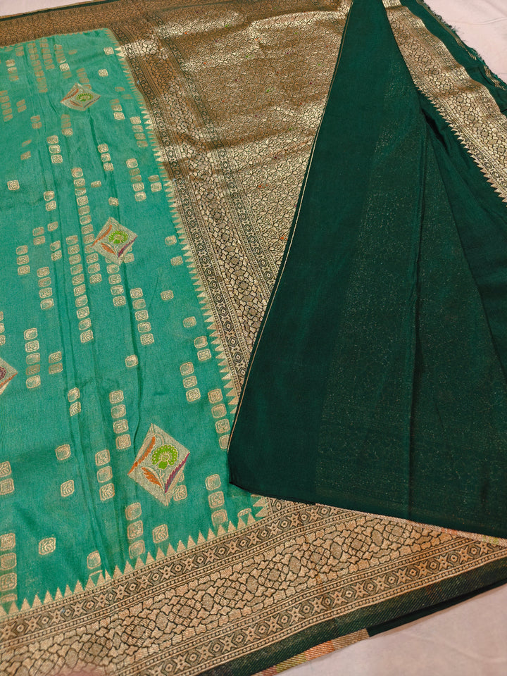 SEA GREEN KHADDI GEORGETTE WITH BOTTLE GREEN BORDER
